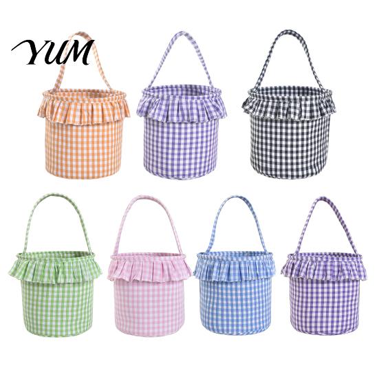Holiday Decorative Storage Bins Halloween Basket, Plaid Ruffle Trick or Treat Candy Bucket with Handle Christmas Present Pouches for Kids, Reusable