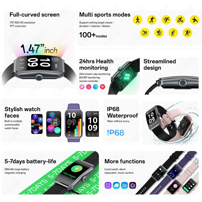 1.47" 3D Curved Screen BT Call Music Smart Watch IP68 Waterproof Heart Rate Blood Oxygen Women Smartwatch 100+ Watch Face