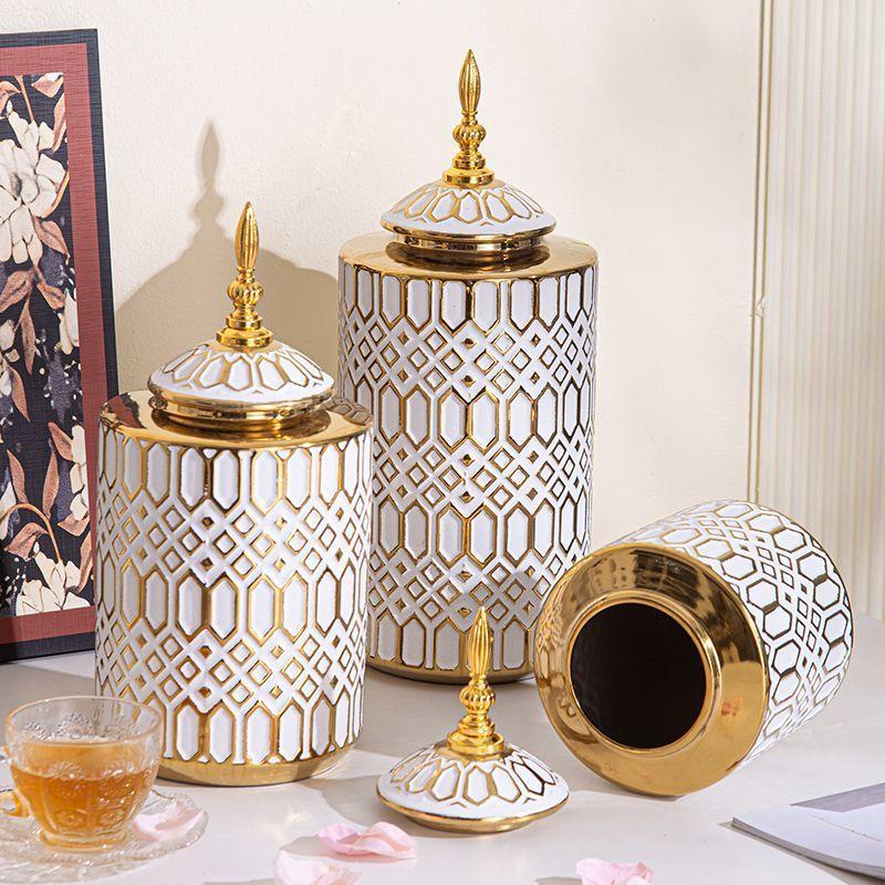 White gold-plated ceramic vase Living room general jar jewelry storage rack Creative floral decorations and ornaments Flower pot