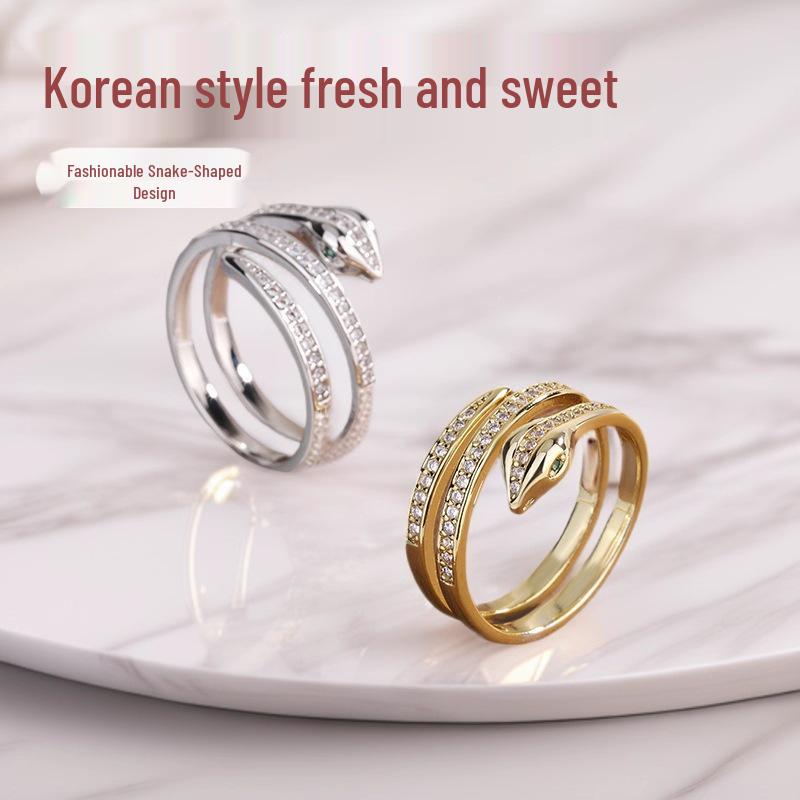Korean Snake Ring: Elegant Hip Hop Style with Diamond Accents Gold J01999