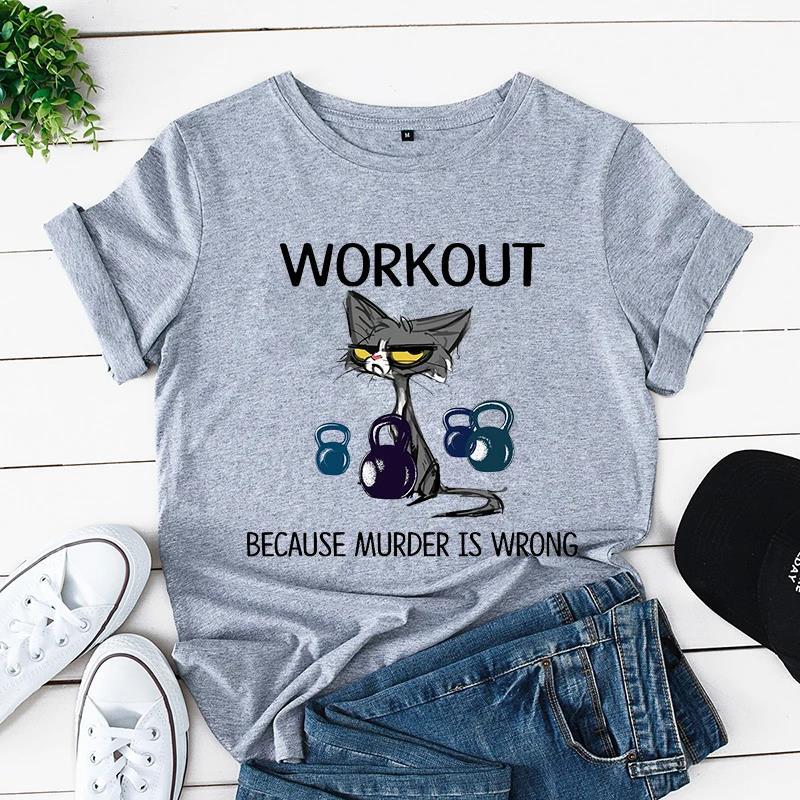 Sommer Kurzarm T-Shirt bedruckt mit Schwarzer Katze Gartenarbeit Lässig Lockeres Oberteil, Modische Reine Baumwoll-T-Shirts Damen