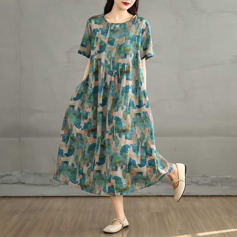 Summer Retro Cotton and Linen Round Neck Short Sleeved Dress, Women's Loose Skirt