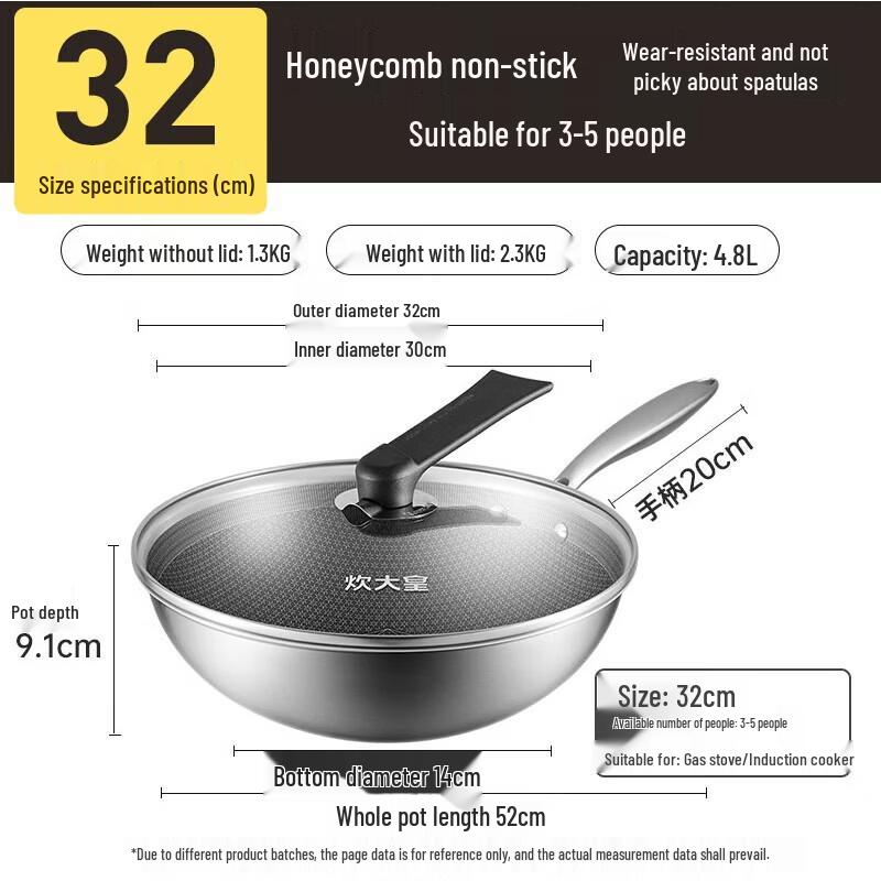 COOKER KING 304 Stainless Steel Titanium Non-Stick Wok with Visible Standable Lid, 32cm