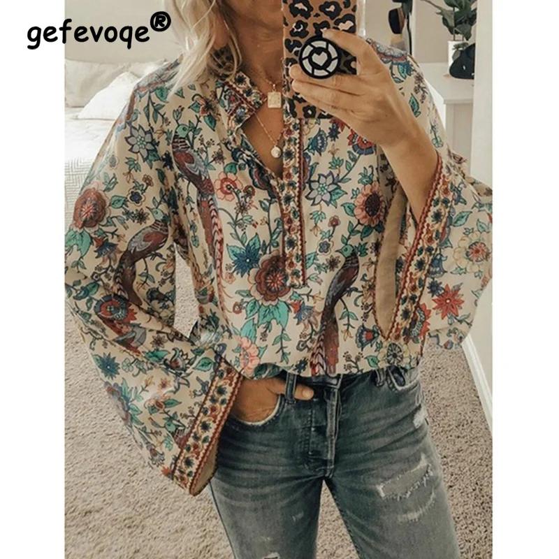 Spring Autumn Print Aesthetic Loose Casual Shirt Women Long Sleeve Vintage All Match Lady Blouse Sweet Fashion