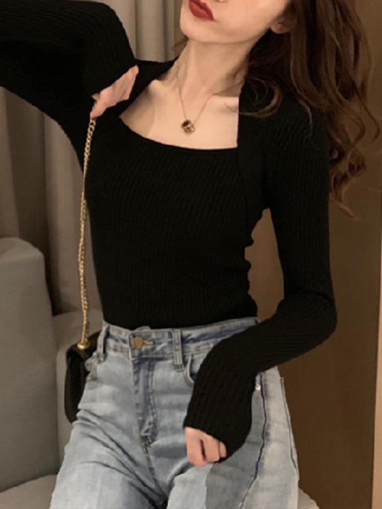 Women's Knitted U-Neck Sweater: Versatile, Sexy Two-Piece Look for Autumn/Winter