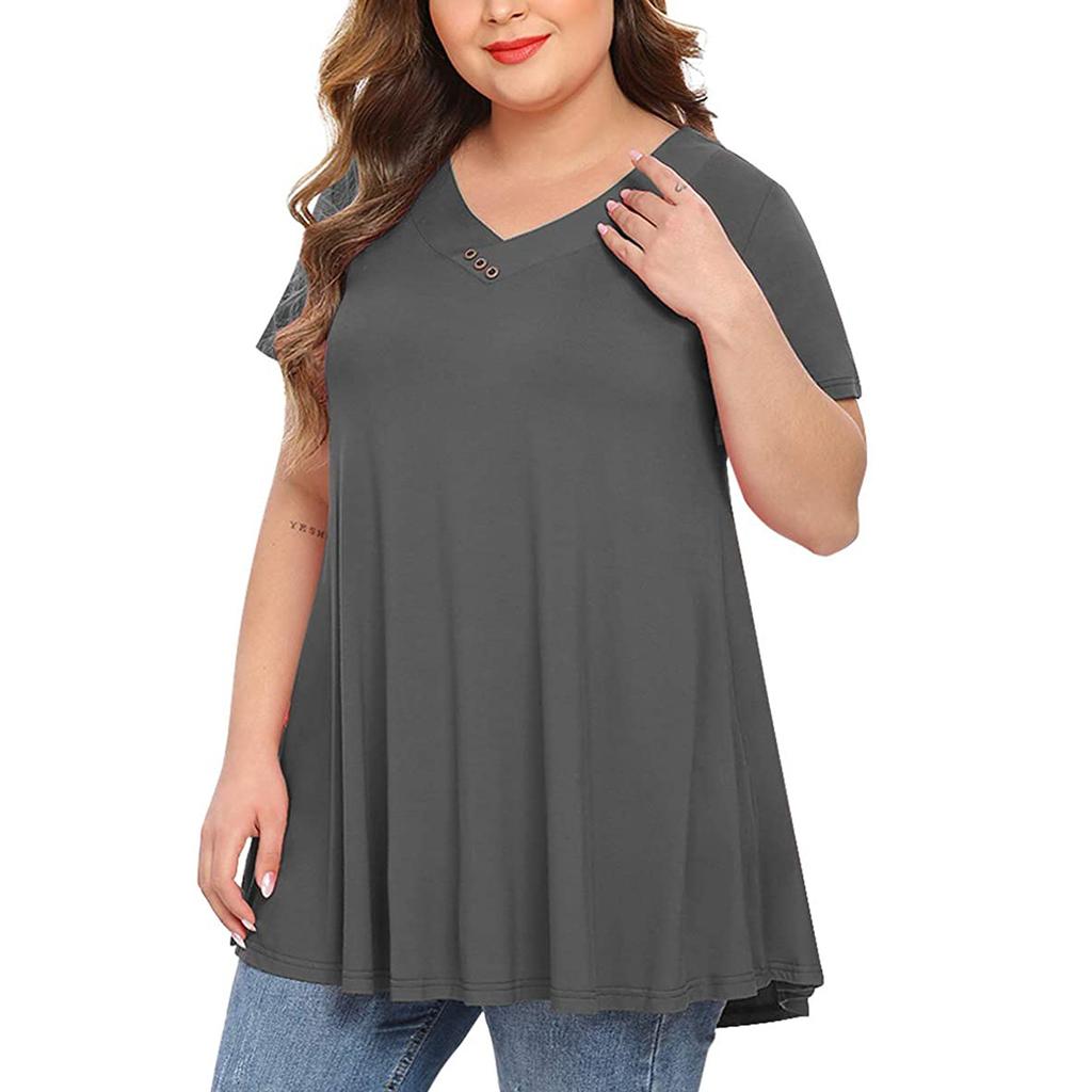 Large Size Women V-neck Button Short-Sleeved Color Loose Pullover T-shirt