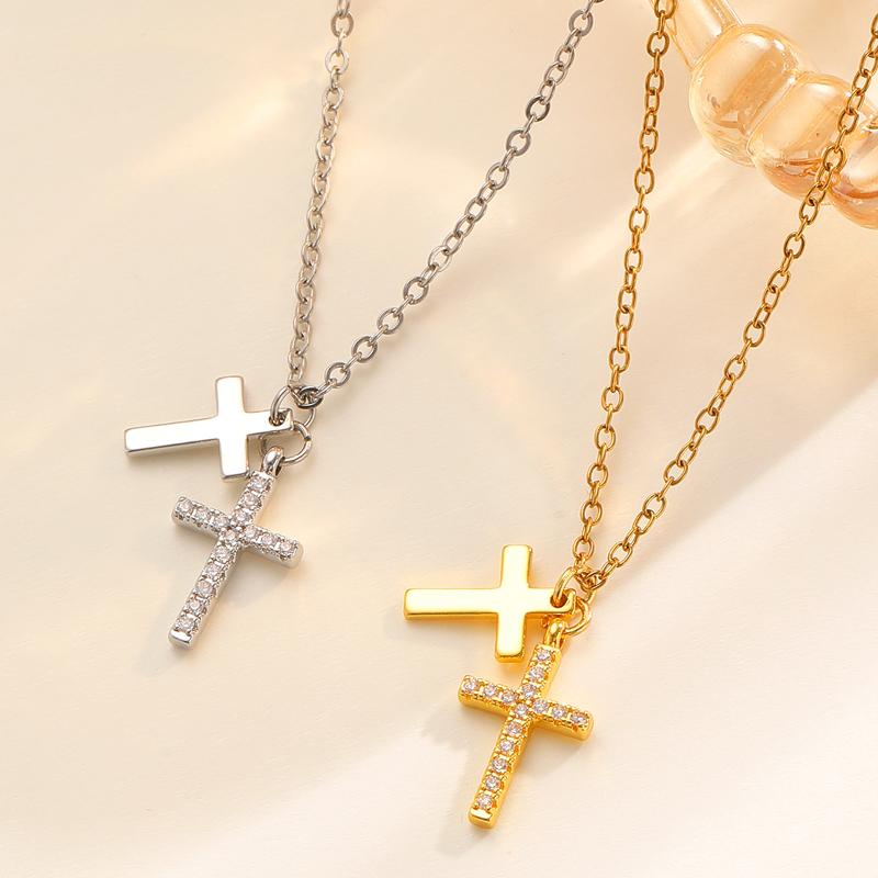 Luxury Stainless Steel Double-Layer Cross Pendant Necklace for Women Shiny Cubic Zirconia Geometric Clavicle Chain Daily Jewelry