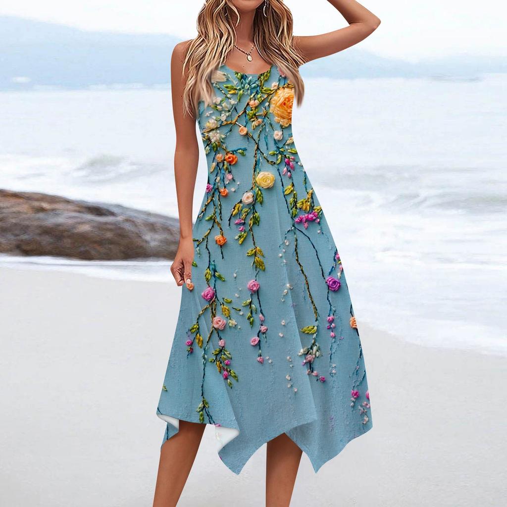 Rochie de damă, ocazional, cu gât rotund, fără mâneci, imprimeu floral vintage, cu tiv neregulat