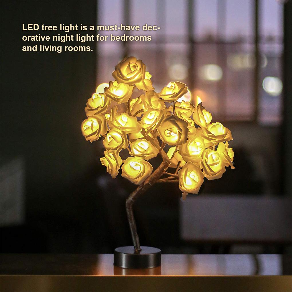 LED Rose Tree Nightlight Battery Operated Touch Control Table Light Holiday Birthday Nightstand Bedside Lamp Party Decor