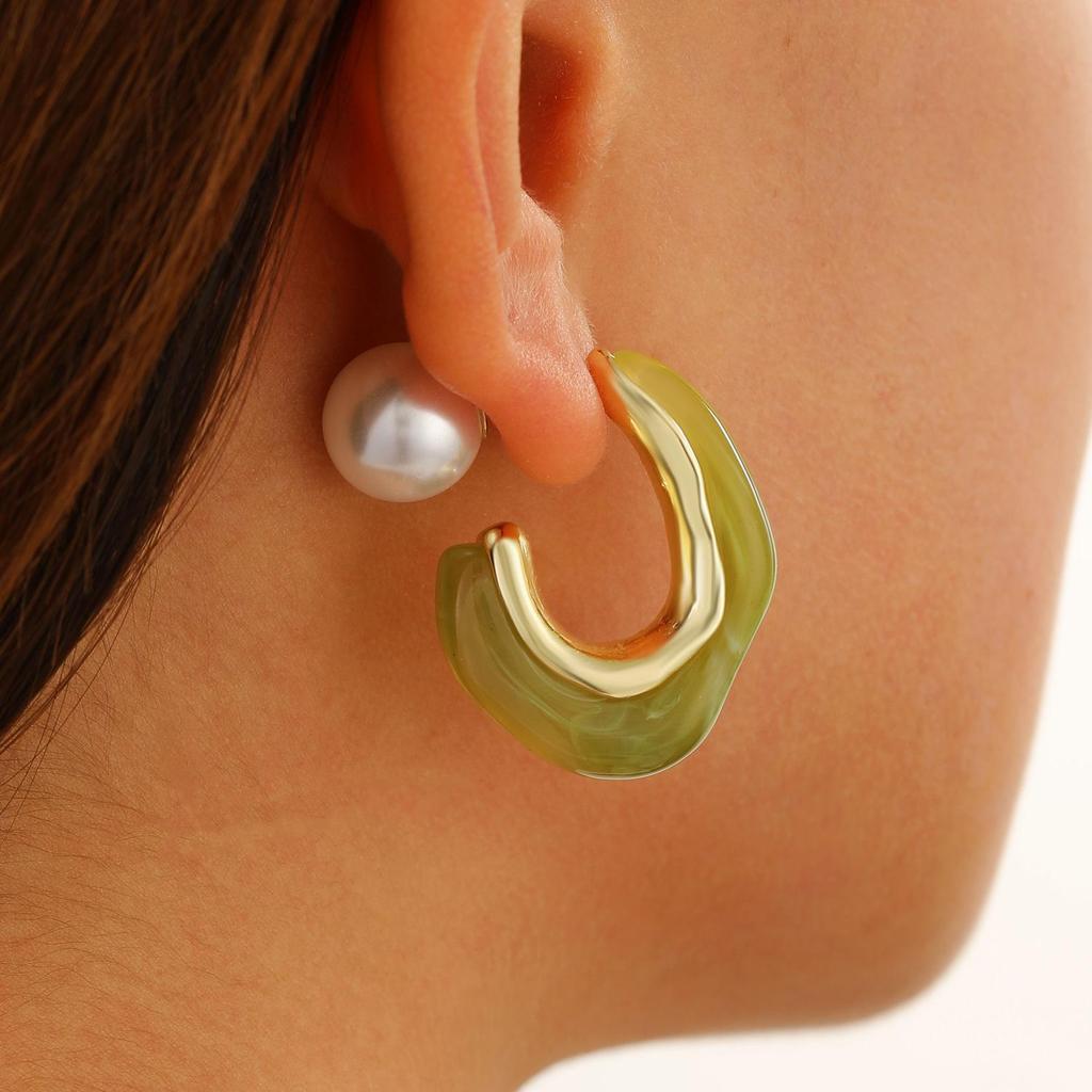 French Retro Style Fashion Versatile Geometric Resin Alloy C Shaped Earrings For Women