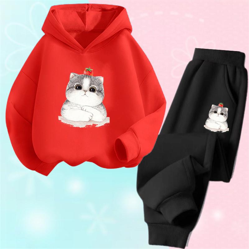 Mädchen Schöne Cartoon Katze Druck Hoodies und Hosen Bekleidungssets Mädchen Anzug Kinder Niedliche Oberteile Outfits für Mädchen Sport Trainingsanzüge