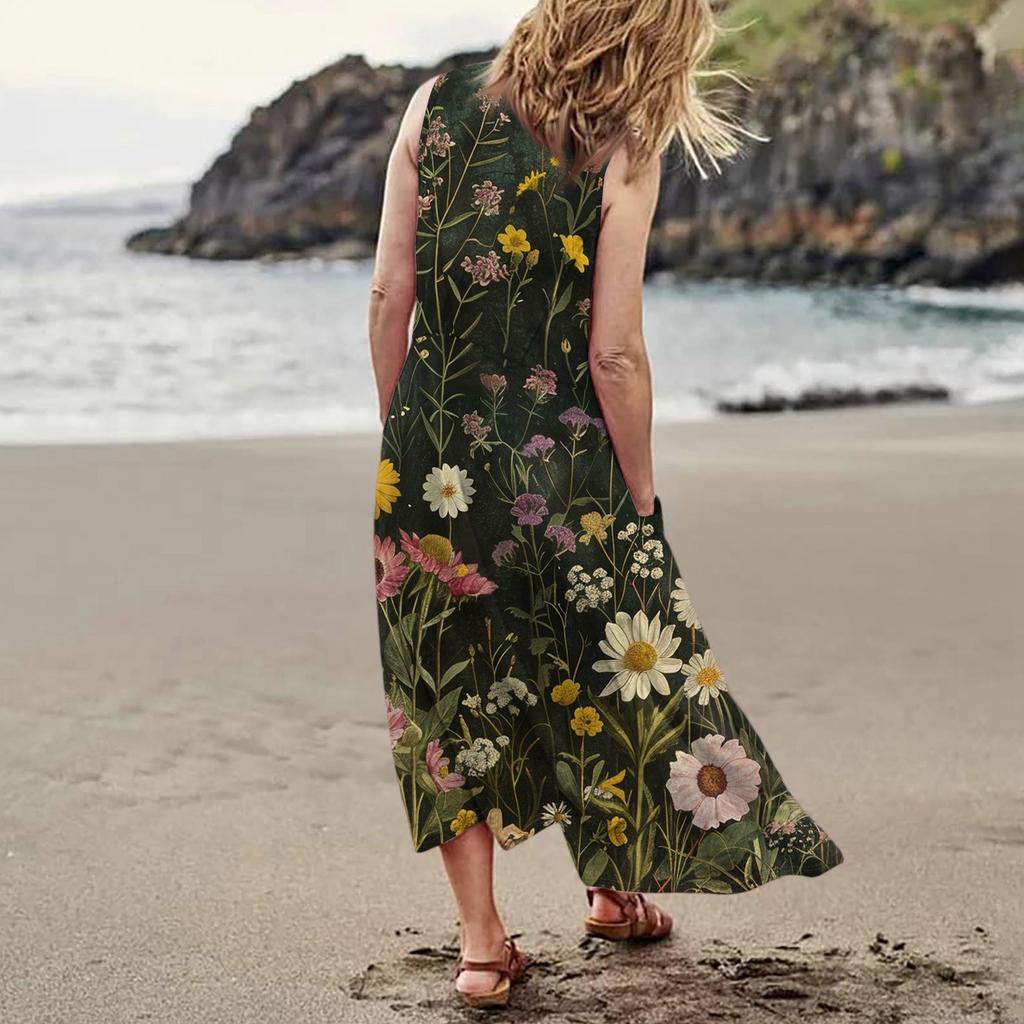 Women's Summer Casual Fashion Floral Print Sleeveless Pocket Dress