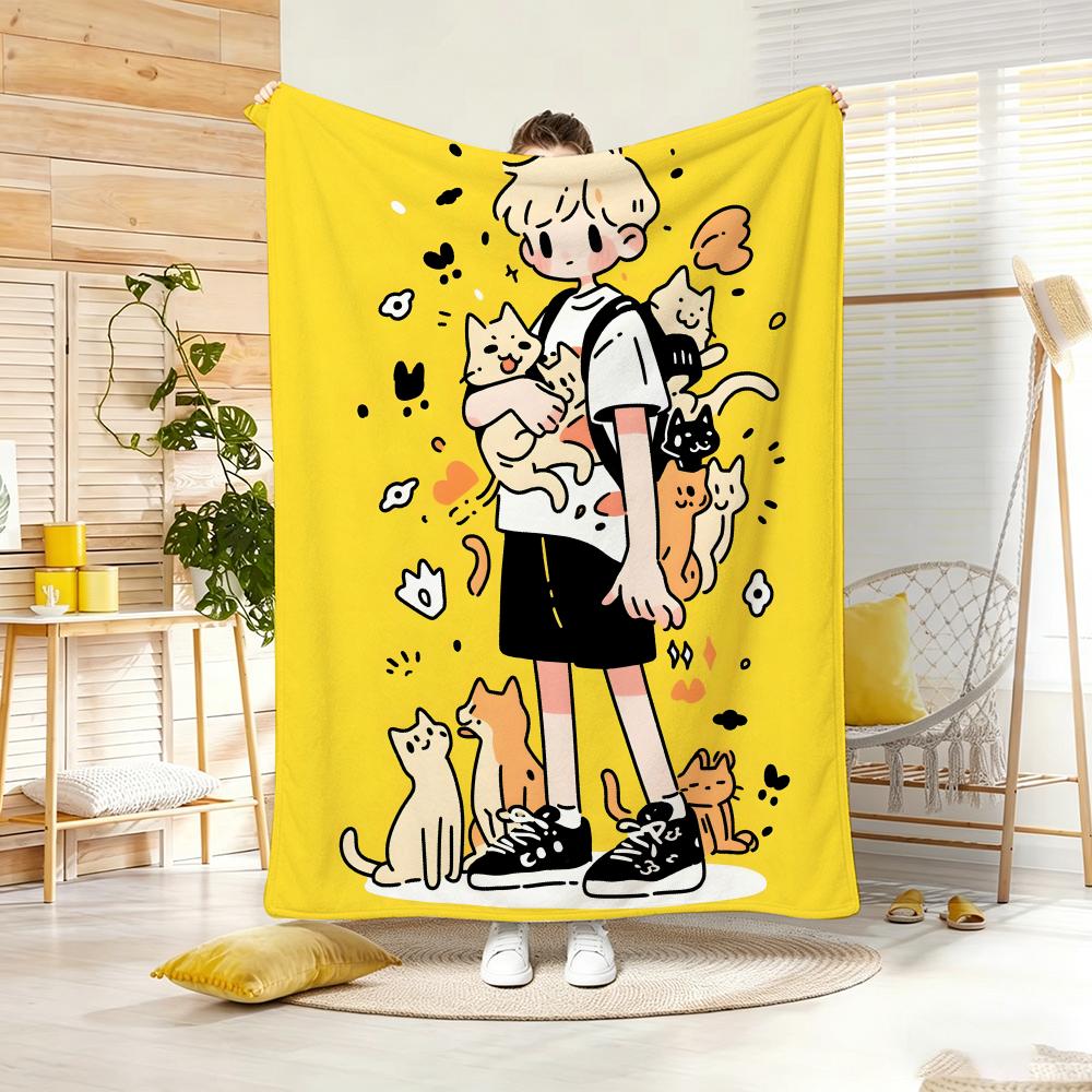 Cartoon Style Pets Warm Companionship Throw Lightweight 240G Flannel Blanket Soft Skin-Friendly For Summer Cooling