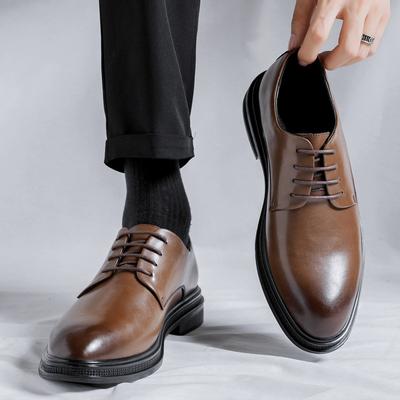 Pantofi din piele cu vârf ascuțit pentru bărbați, pantofi business casual pentru costum, maro, trend britanic, pantofi derby respirabili 19932-F
