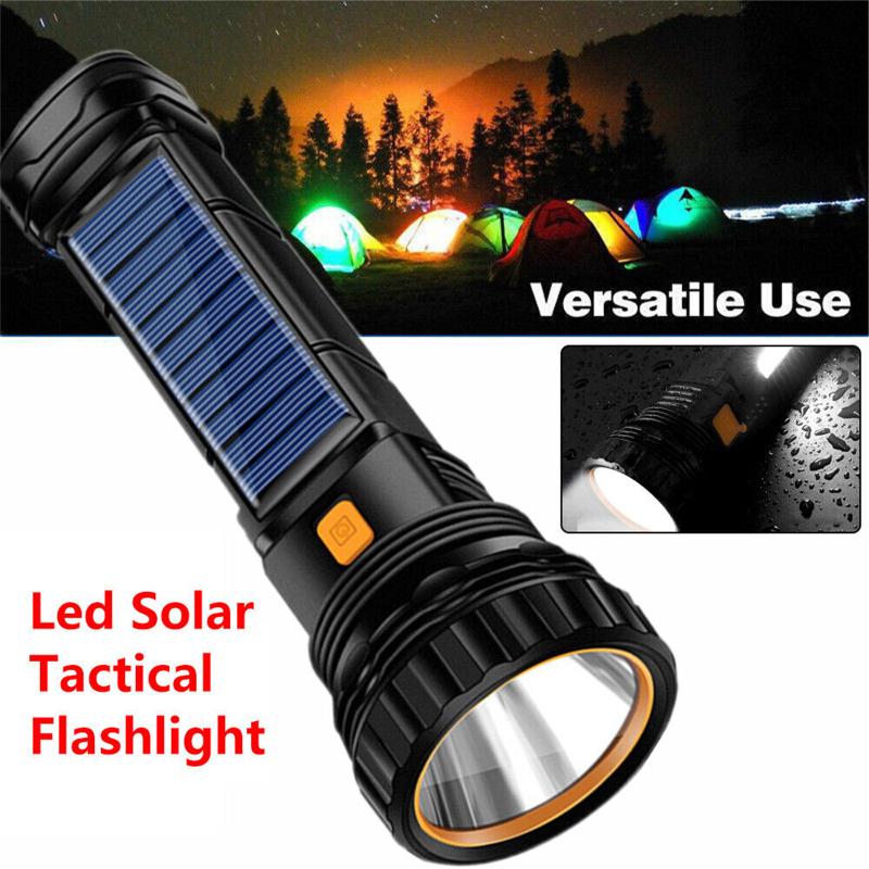 Led Solar Tactical Flashlight 1200mah Rechargeable Battery Waterproof Outdoor Camping Emergency
