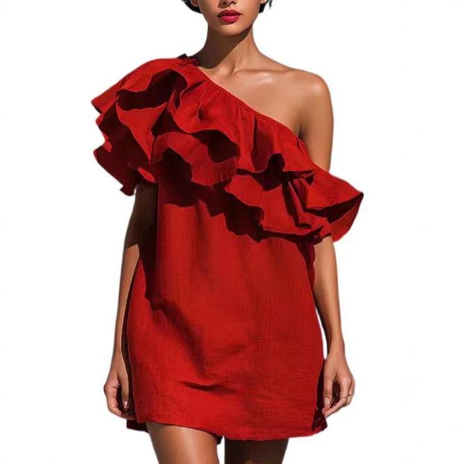 Europe and the United States hot casual fashion new ruffle edge slanted shoulder dress