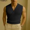 INCERUN Summer Men V Neck Front Cross Solid Rib Casual Tank Tops Undershirts