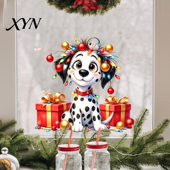 Decorative Glass Film for Doors Christmas Spotted Puppy/Penguin Static Window Sticker, Cute Watercolor Animal Stickers with Colorful Lights