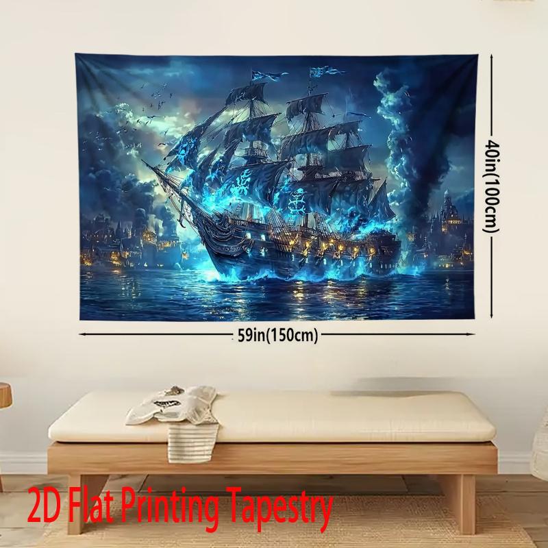 Tapisserie Navire Pirate Impression Numérique 2D Polyester Accrochage Mural Décoration Salon Chambre Bureau Studio avec Crochets