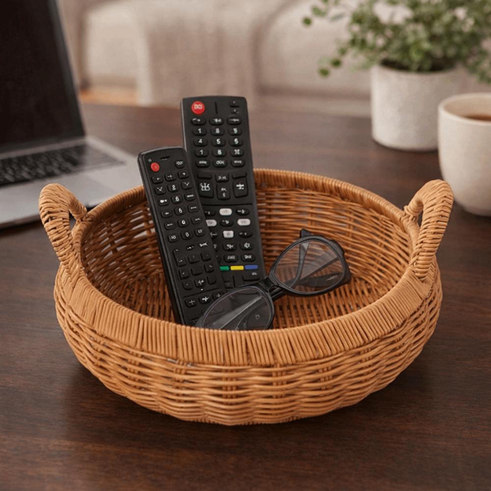 Large Capacity Round Rattan Storage Tray Handmade Handwoven Rattan Storage Tray  Bedroom