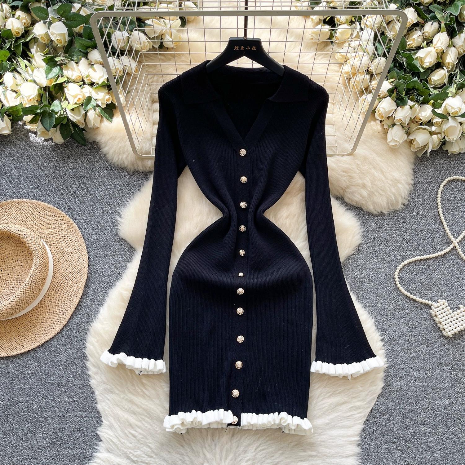 

Весна Осінь Жіночі Сукні Міні Короткі Облягаючі В язані Светри з Відкладним Коміром та Довгим Рукавом One Size чорний