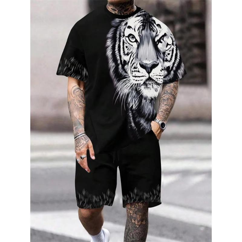 2024 New Crew Neck Short Sleeve T-shirt Fashion Shorts Set 3D Lion Print Short Sleeve Shorts 2-piece Men's Summer Sports Set