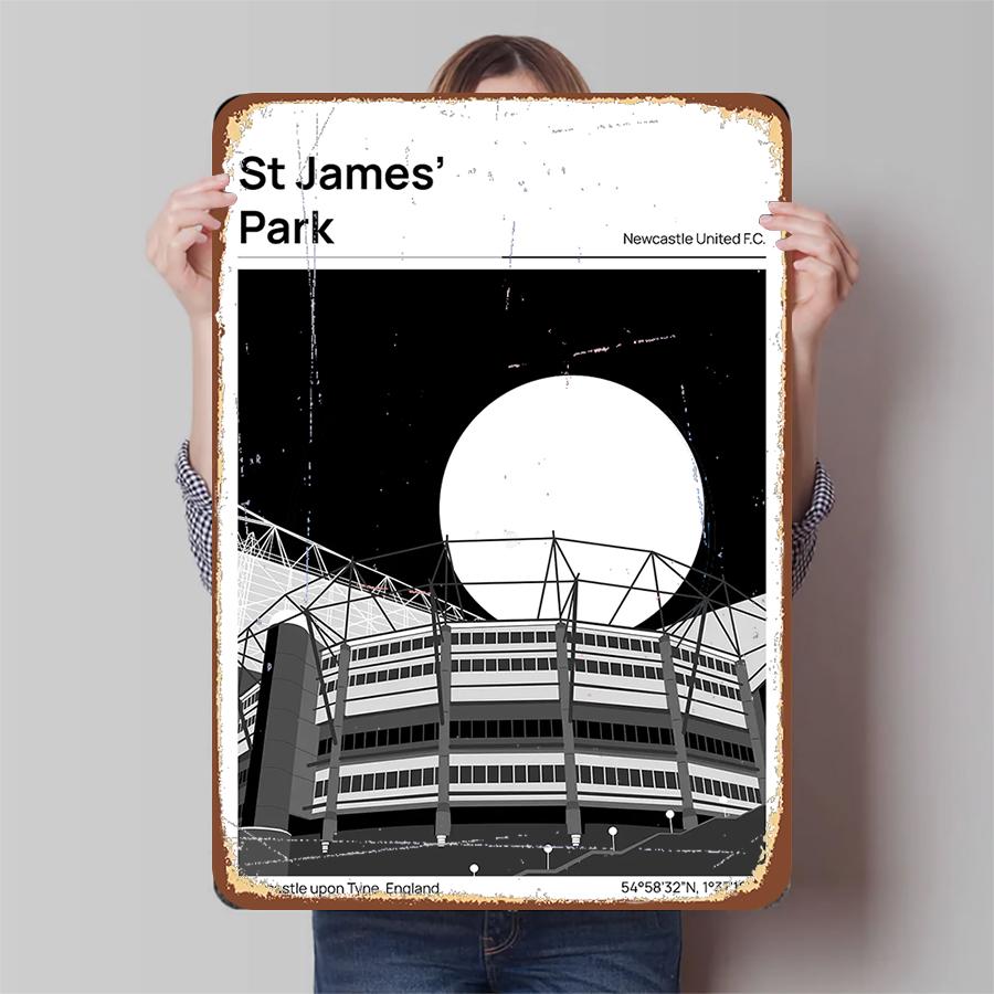 

St James Park Stadium Metal Wall Art Newcastle United FC Decor Black White Football Club Memorabilia 20x30cm（7.8x11.8inch）