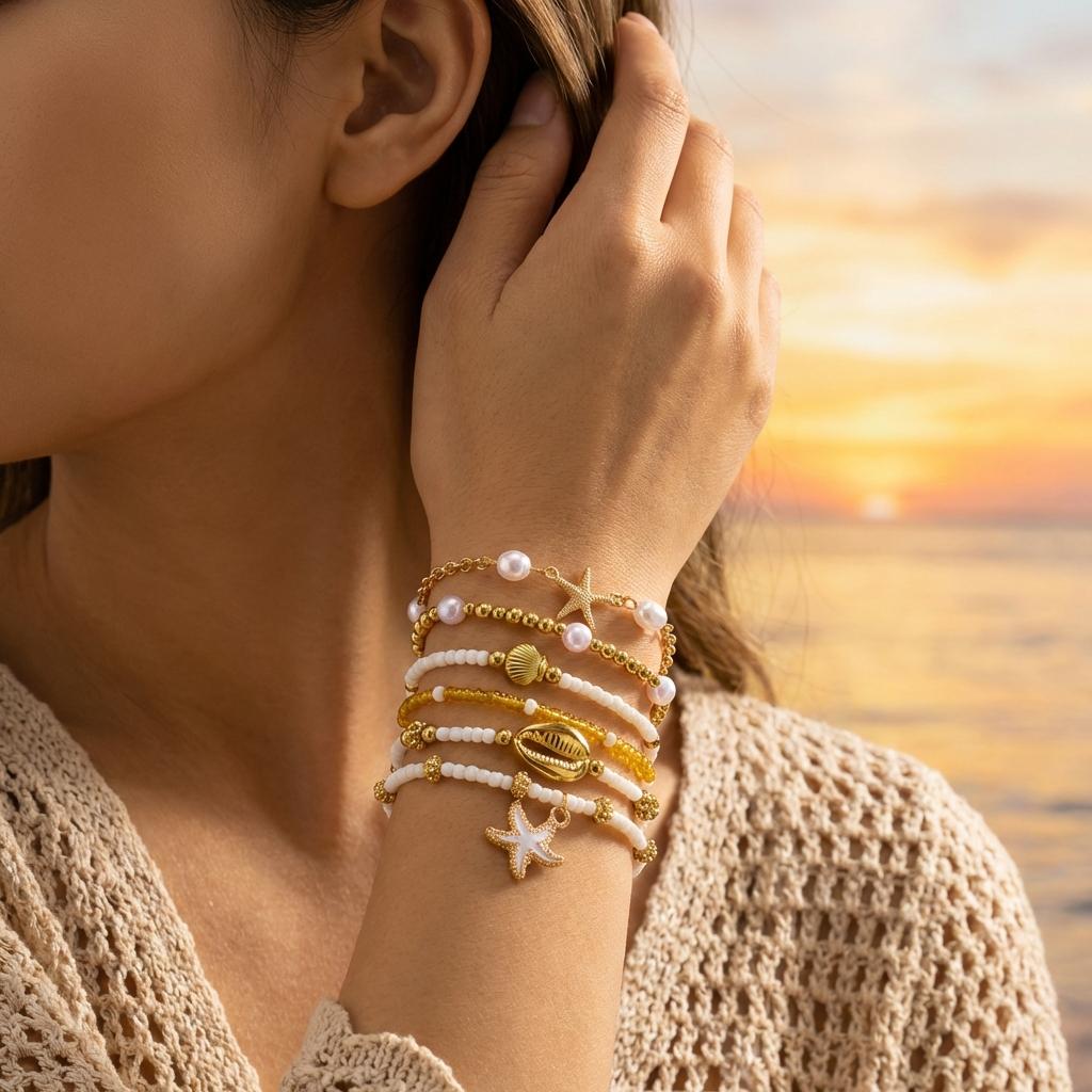 Set de 6 Pulseras de Concha y Estrella de Mar con Cuentas Estilo Bohemio para Mujer Moda Pulseras Multicapa Apilables Joyería de Fiesta de Verano Regalo