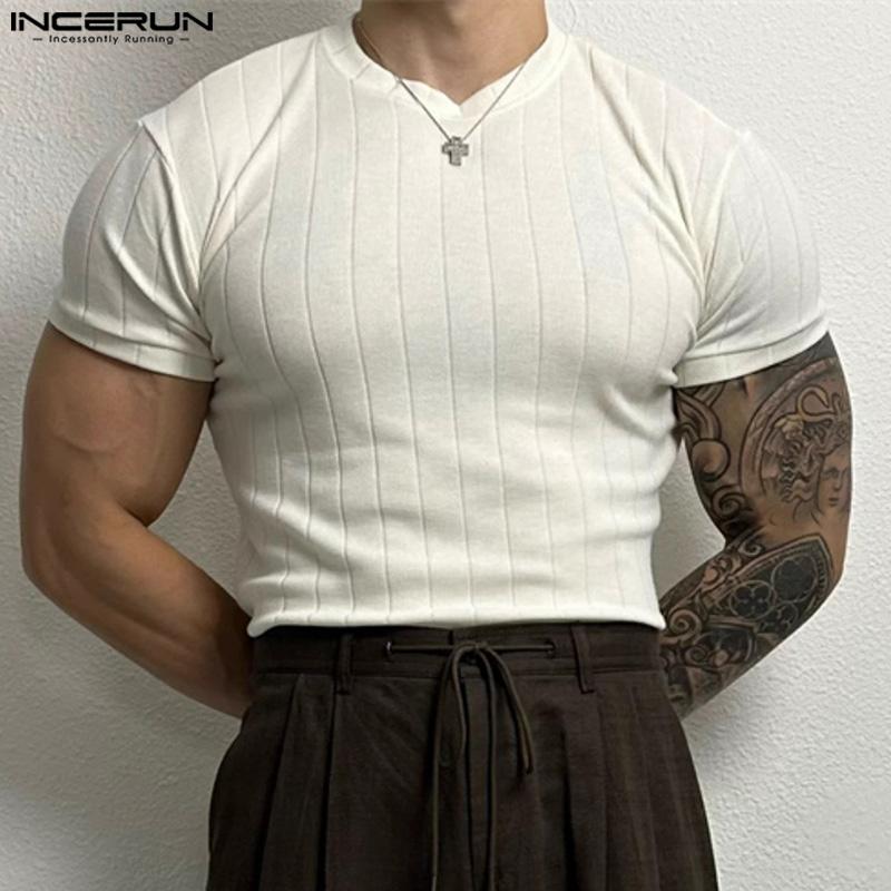 INCERUN Summer Men Short Sleeve Fitted Tops Casual Muscle Knitted T-shirts