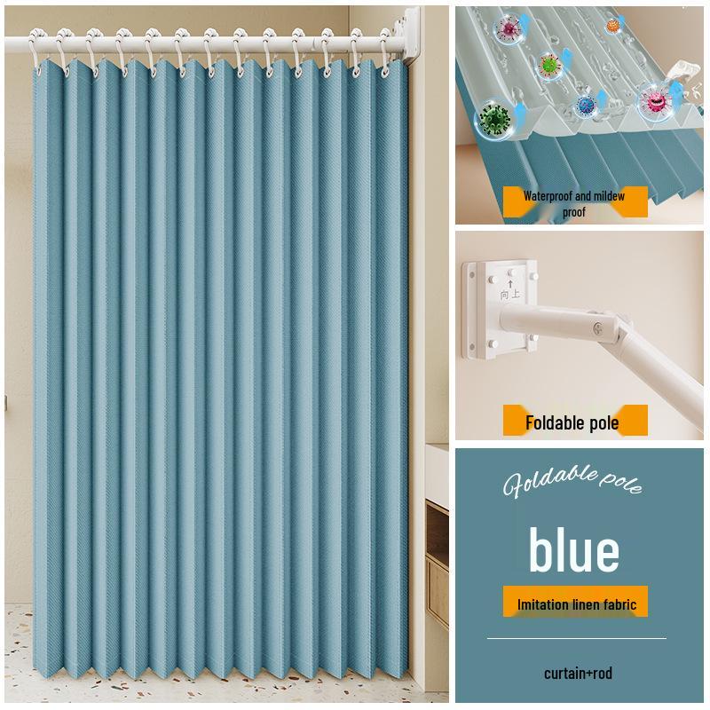 Durable Linen-Like Folding Shower Curtain with Telescopic Rod for Bathroom Optimization