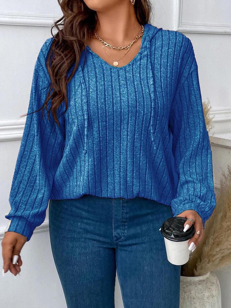 2026 Autumn/Winter V-Neck Plus Size Women's Hooded Ribbed Long Sleeve T-Shirt
