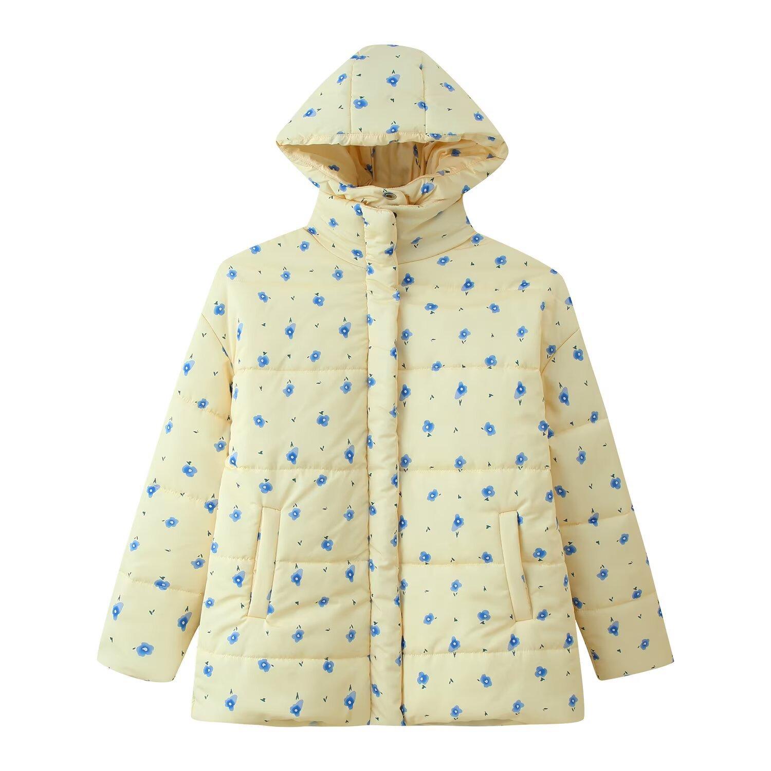 Cute Winter College-Style Floral Hooded Jacket