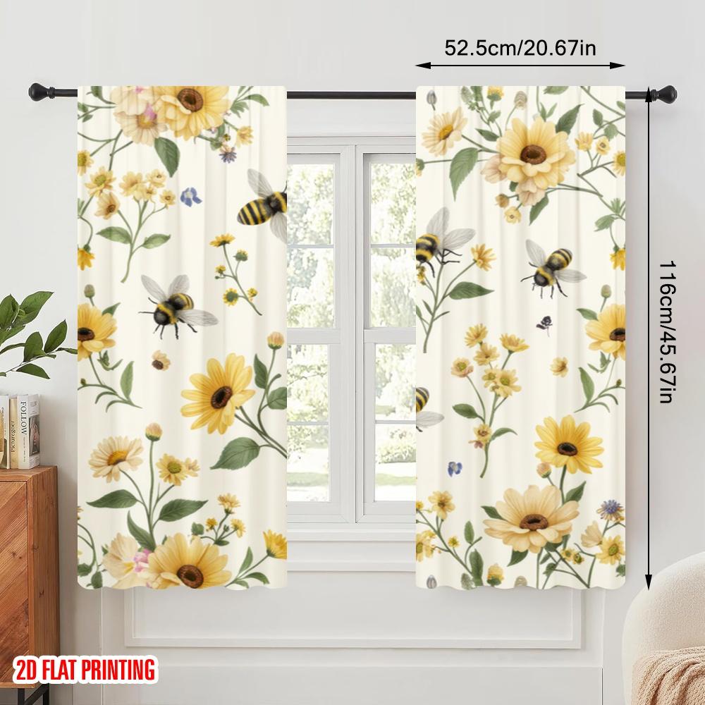2pcs,2D plane printing Curtains Digital Printed Bee Blossom Dance Polyester Fabric (without rod) Festive for Bedroom Living Room