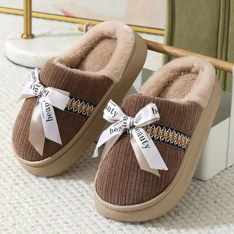 Fashion Bow Casual Women's Slippers Home Plush Luxury Designer Woman Shoes Winter Indoor Fuzzy Fur Slides Flats Elegant Footwear Soft