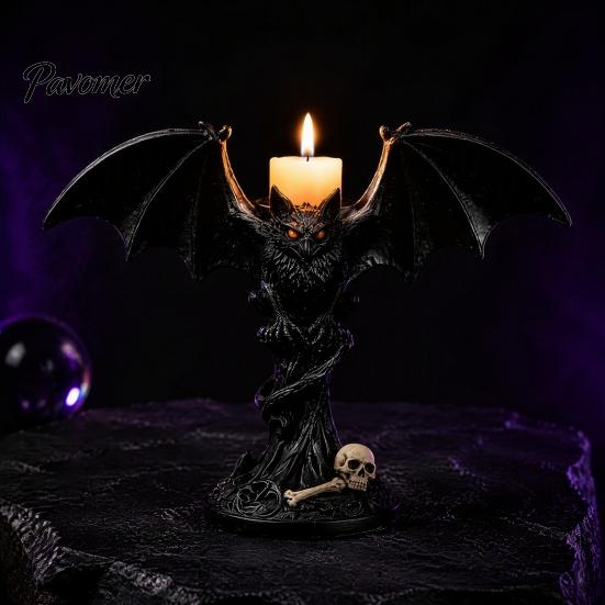 Dark Aesthetic Candle Decor Halloween Devil Bat Holder, Gothic Winged Candlestick with Spooky Party Red Eyes, Matte Black Sticks Holder Tabletop
