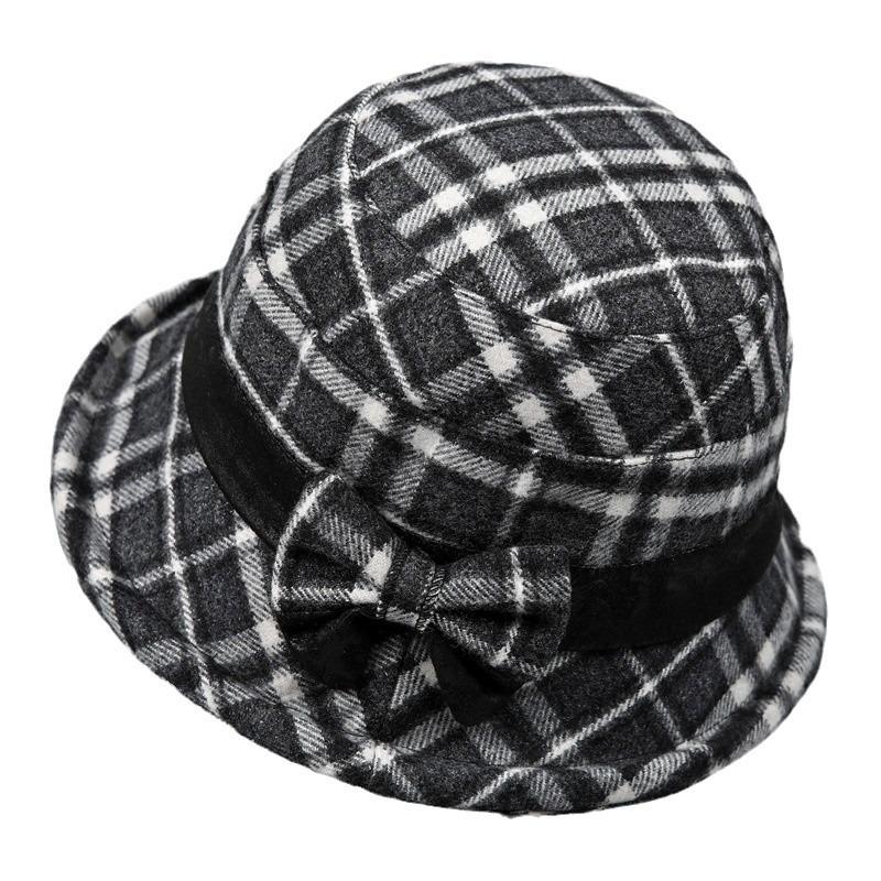 Mid-autumn Winter Hat Ladies Warm Thickened Woolen Basin Hat Plaid Bucket Hat