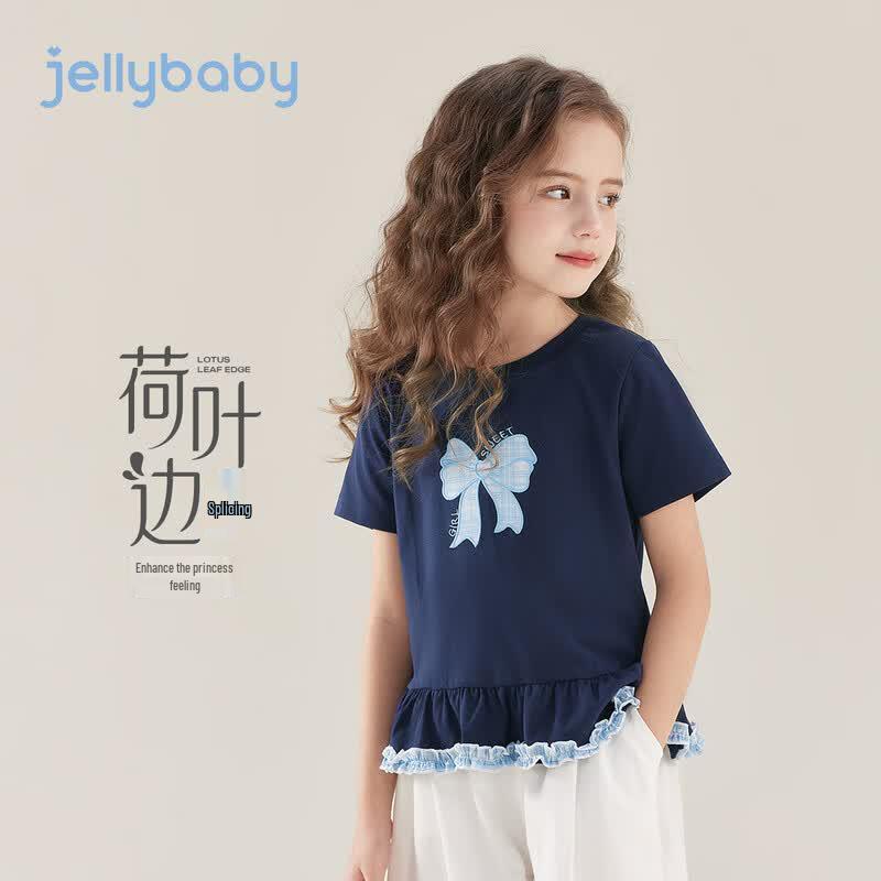 JELLYBABY Girls' French Bow Lace Short Sleeve T-Shirt
