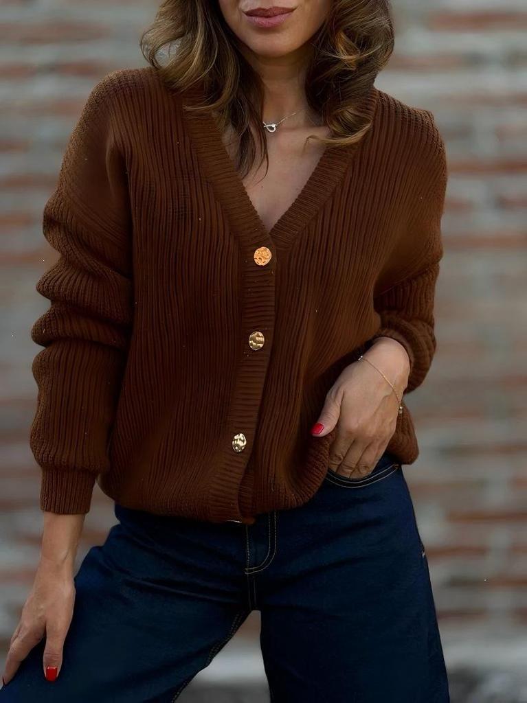 European & American V-Neck Slimming Knit Cardigan - 2026 Autumn Women's Sweater Coat