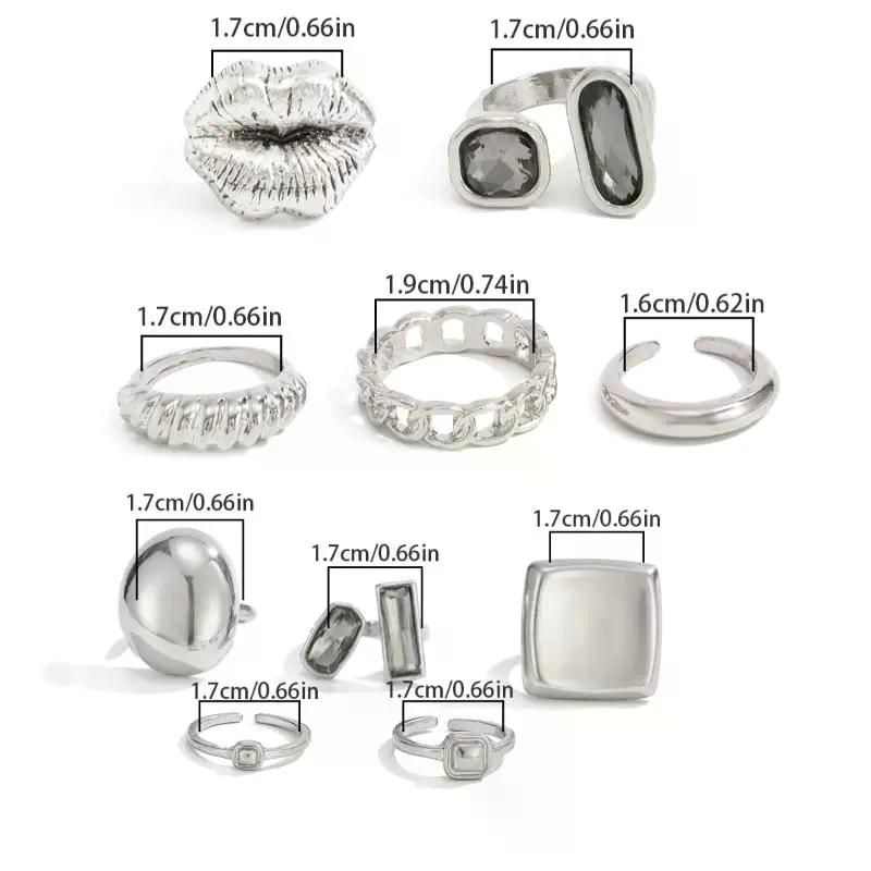 5Pcs Set Goth Crystal Open Ring For Women New Trend Geometric Adjustable Knuckle Rings New Year Party Jewelry Gift