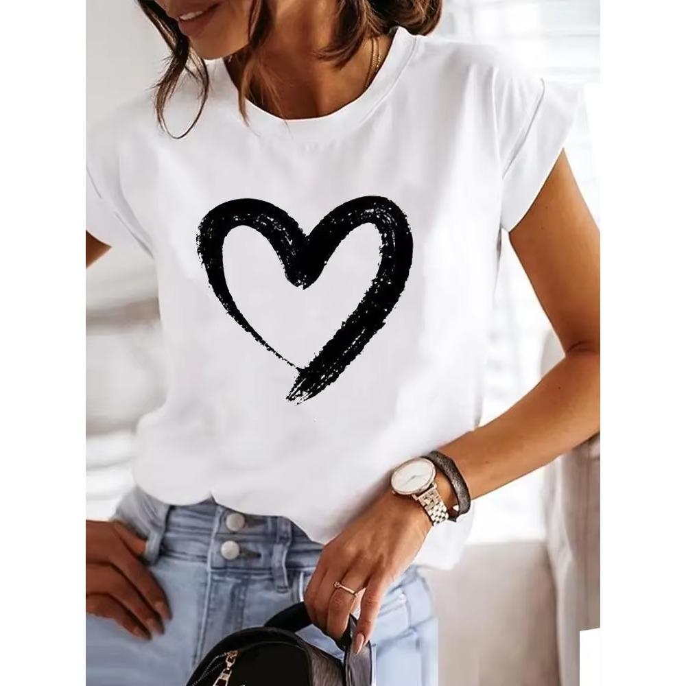 Love Style Trend Cute 90s Harajuku Women Print Ladies T-shirt Casual Basics O-collar Black Shirt Short Sleeve Ladies T-shirts