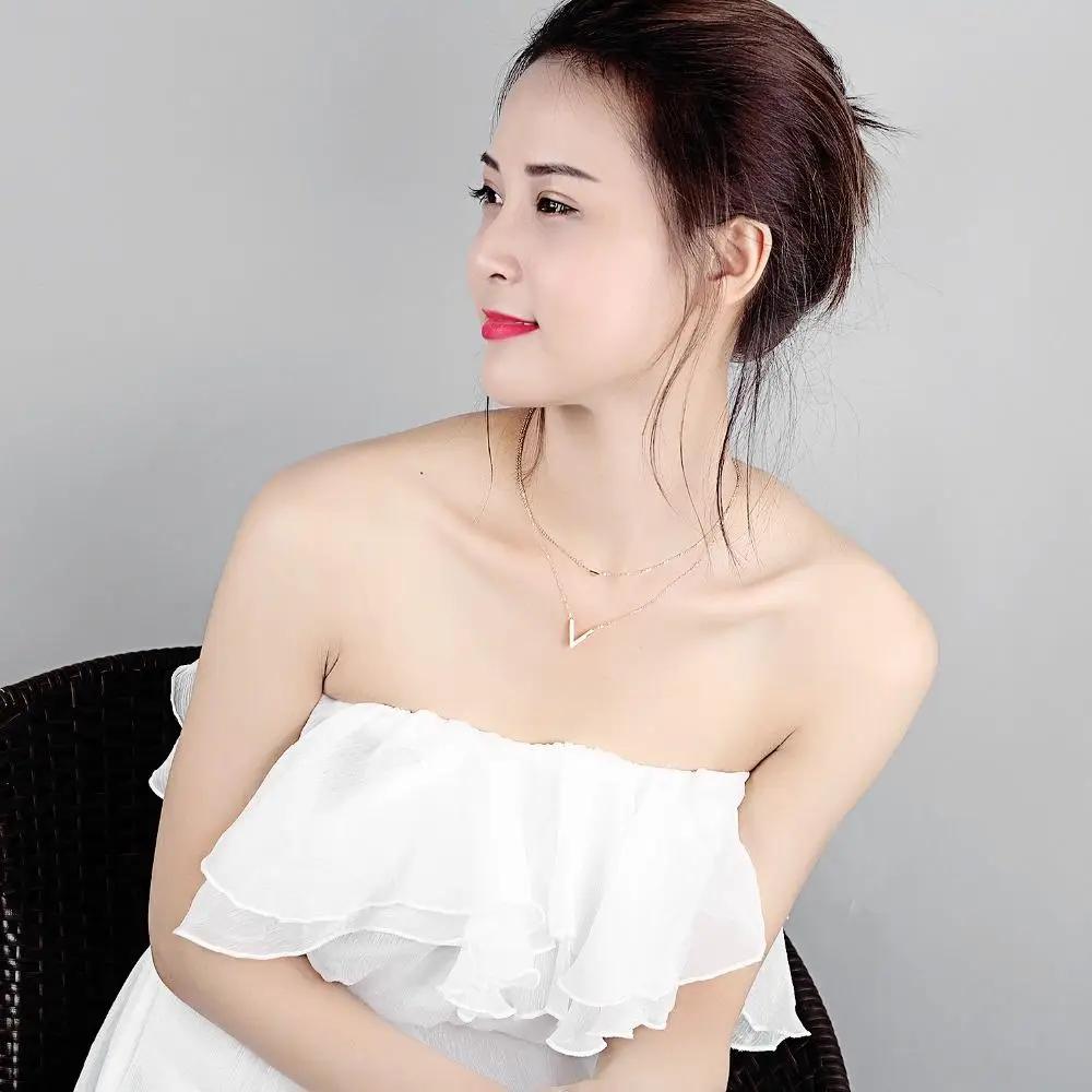 Ladies Necklace Innovative Double Pendant Long Chain Hollow Triangle V-shaped Stainless Steel Necklace