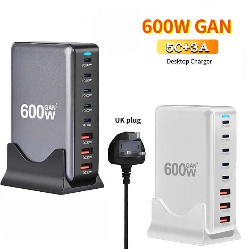 268W/600W Desktop Charger 8 Port USB 5C+3A Type C PD Charger 3.0 USB Type C Fast Charger Mobile USB Charger