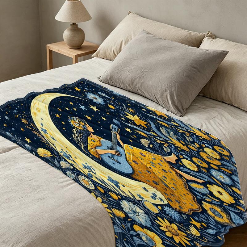 Dreamy Illustration Flannel Blanket - Anti-Pilling, Soft Warm All-Season Throw, Ideal for Postpartum, Home Decor, Bedroom, Halloween & Christmas Use