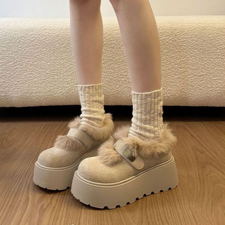 Height-increasing muffin fashion versatile Birkenstocks popular retro thick-soled fluffy cotton shoes new in autumn and winter