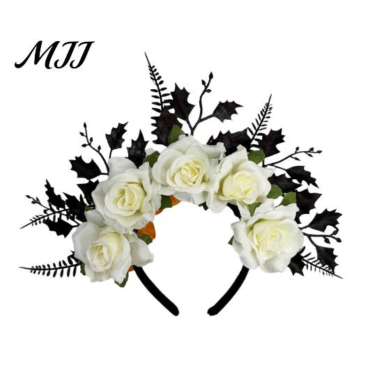 Mysterious Black Flower Hair Accessories Halloween Rose Headband, Leaf Crown Hoops Bands, Unique Gothic Hairband for Gift Headpiece Cosplay