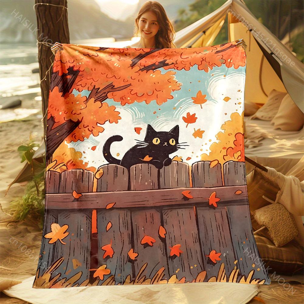 1PC Black cat on fence in autumn Print Adult Children Warm Blankets Home Travel Car Soft Comfortable Suitable for all seasons