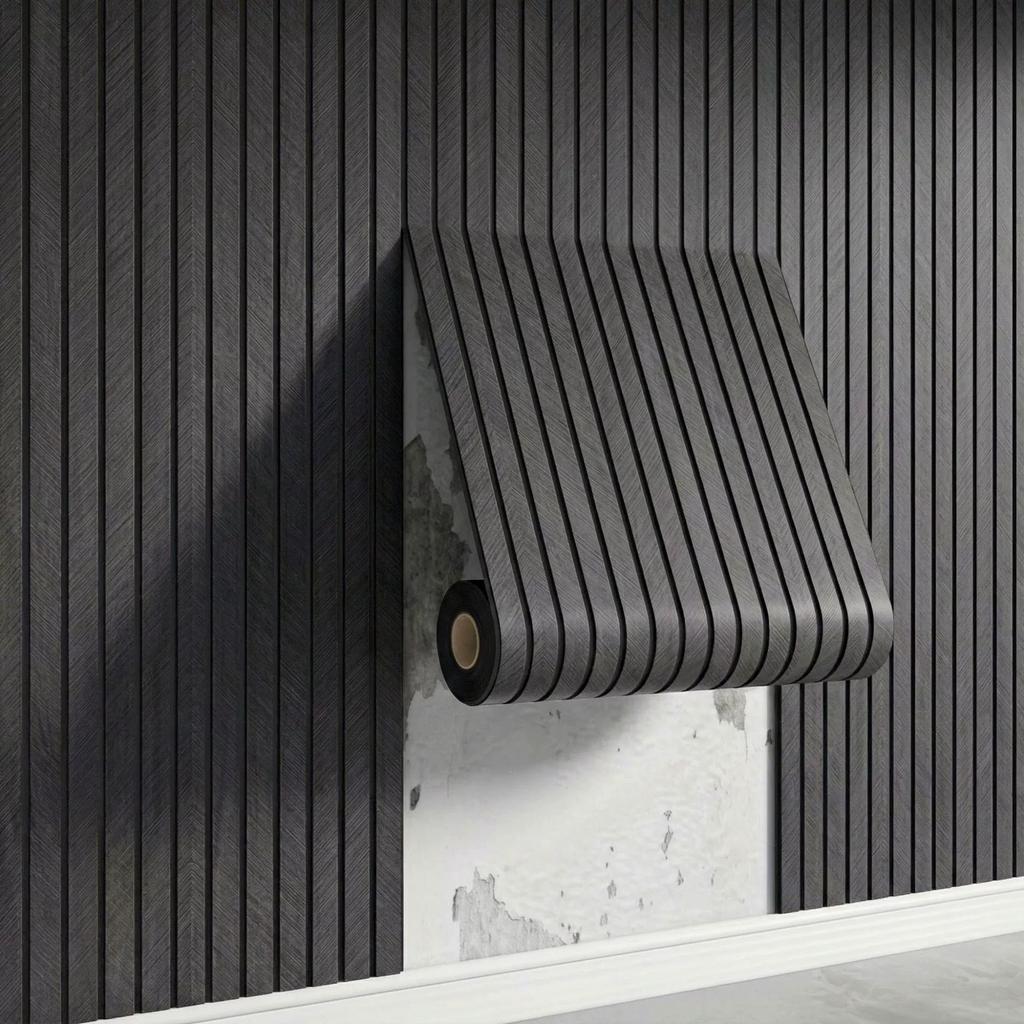 Self-adhesive Wood-grain Slat-effect Wall Sticker – 3D Grooved Grid-stripe Panel Wallpaper Roll