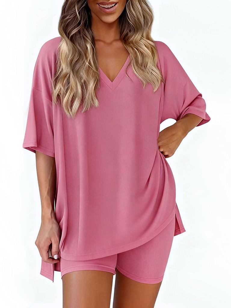 Women's Summer Fashion V-Neck Pajama Set - Casual, Loose, Solid Color