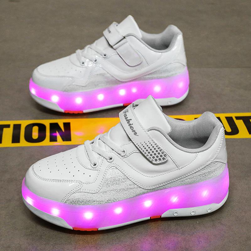 

Children‘s LED Roller Skate Shoes USB Rechargeable Light Up Sneaker with 4 Removable Wheels Boys Girls Outdoor Sport Casual Shoe 29 белый