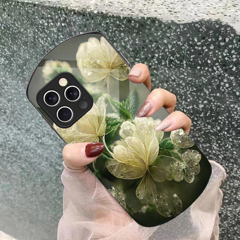 Pink Crystal Flower For iPhone 16 15 14 13 Plus 12 Mini 11 Pro Max XR Xs X 7 8 6 6S 2022 Elliptical Tempered Glass Phone Case